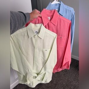 100% Linen Lacoste Men's Dress Shirt Trio - Light Green, Coral, Sky Blue